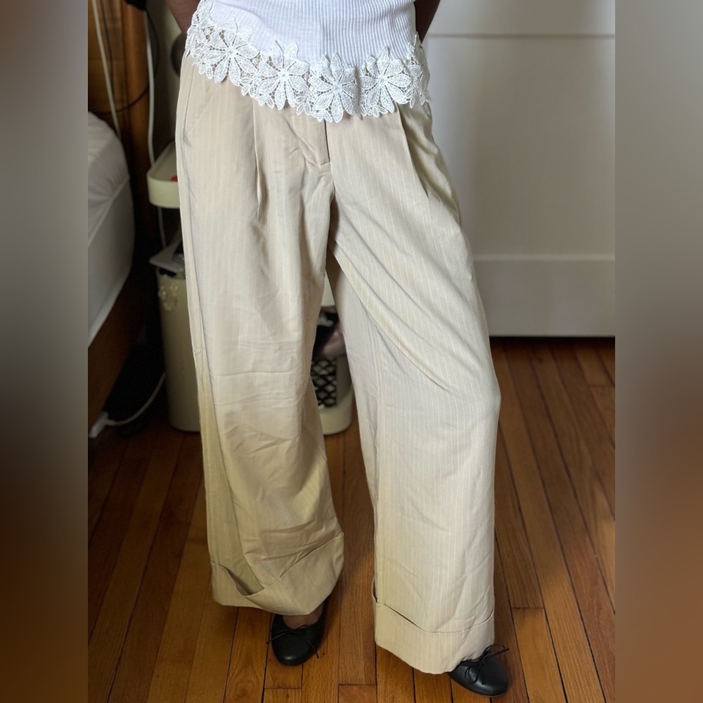 Wide-leg Pinstripe Cream Trousers